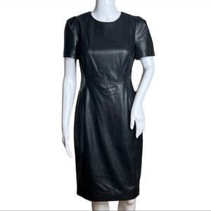 Calvin Klein Vegan Leather Sheath Dress Black Short Puff Sleeves Round Neck